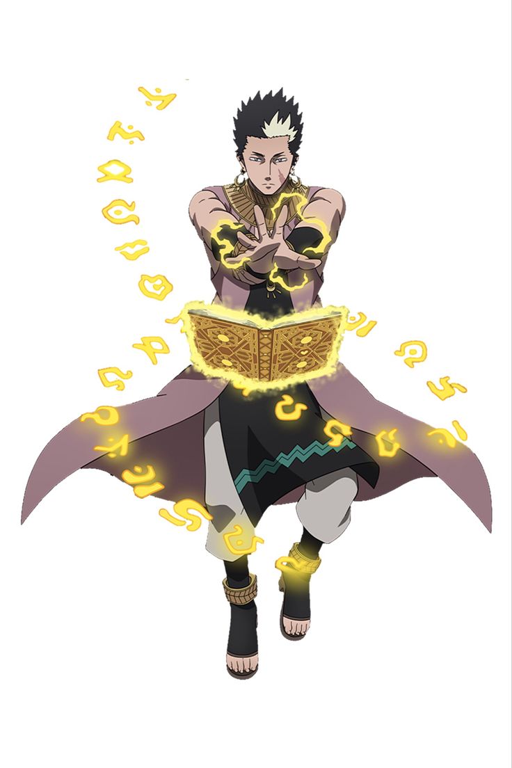the image depicts an anime character in a magical pose, radiating with power. the male character is floating in the air, his arms outstretched, surrounded by glowing magical symbols. the character appears to be casting a powerful spell, holding an open book, perhaps of spells or incantations. the vibrant colors and dynamic pose of the character contribute to the sense of fantasy and power. the image is a striking representation of a magical character in action.