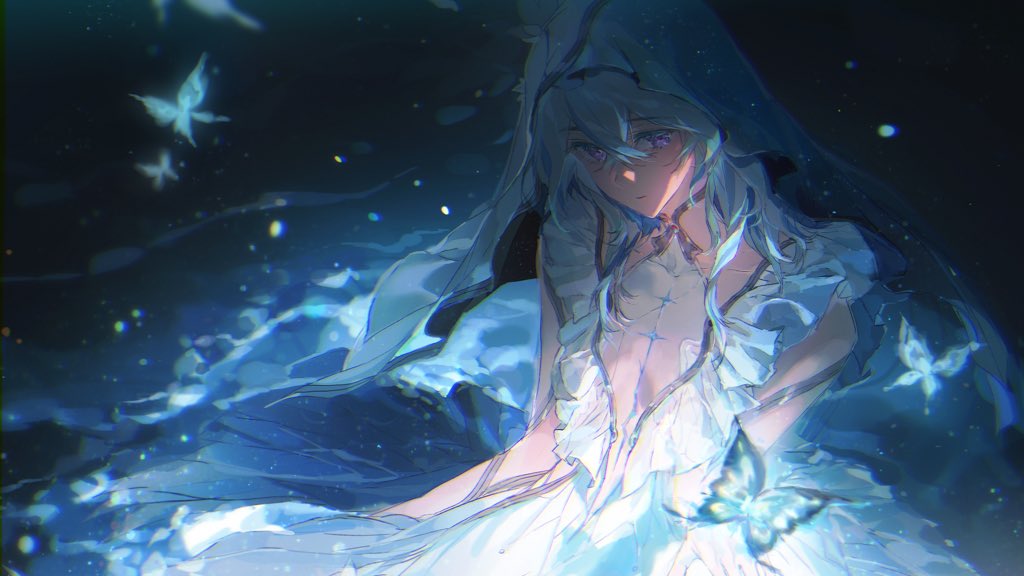 this is a digital illustration of a beautiful anime girl with long, flowing silver hair. she is dressed in a flowing white dress that appears to be made of the same fabric as the butterfly wings scattered around her. she is surrounded by a soft, ethereal light that creates a magical and dreamy atmosphere. she is looking down, and her expression is one of sadness or longing. the overall impression is one of beauty, sadness, and mystery.