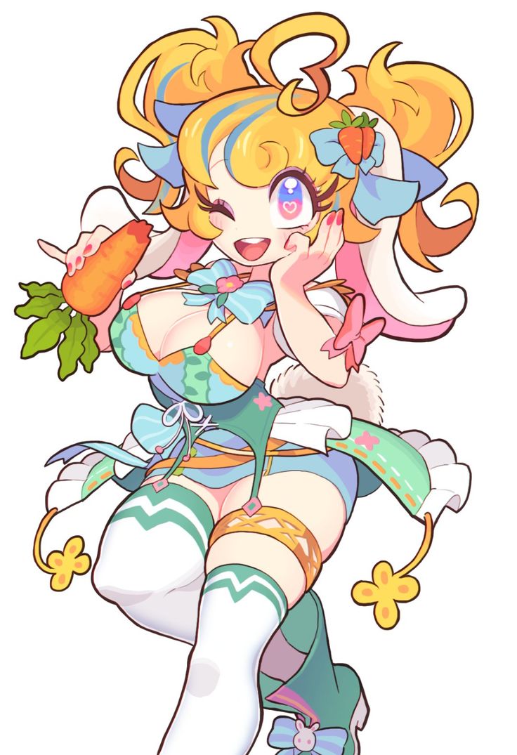 a cheerful anime girl with bunny ears and a fluffy tail. she's wearing a bright and colorful outfit with a green skirt, a blue bodice, and a yellow and white ribbon. she has a wide smile and holds a carrot in her left hand. her right hand is on her cheek, and she's looking to the side. she has big eyes and a cute little nose. the background is a simple white color.