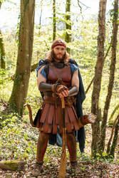 a man dressed in a detailed spartan warrior costume stands in a forest. he holds a spear and is wearing a leather kilt, armor, and a blue cloak.  the scene is set in a lush woodland environment with tall trees and dappled sunlight. the man's expression is serious and intense. the image evokes a sense of ancient greece and classic mythology.