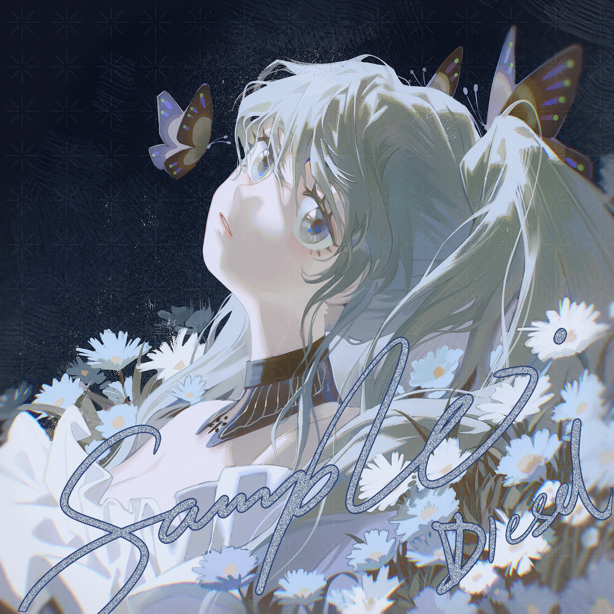 a young woman with white hair and blue eyes gazes upwards. she has a black collar with a silver charm on her neck. there are several butterflies and white flowers around her.