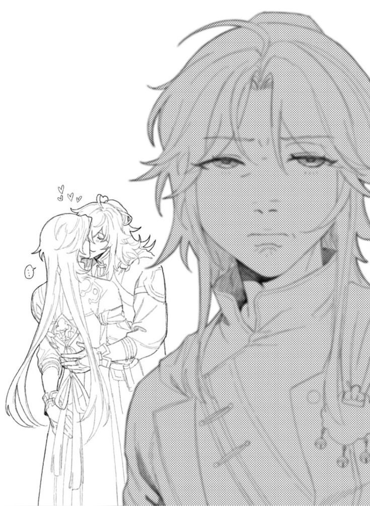 the image shows an animestyle illustration of three characters. the main character is a female with long flowing hair standing in the foreground. she is looking to the left of the image with a sad expression on her face. behind her is a couple, a girl with short hair and a boy with long hair. the girl is hugging the boy, and they both have happy expressions on their faces. the main character is likely experiencing feelings of jealousy or sadness because of the couple's affection for each other. the image is drawn in black and white, using lines and shading to create depth and texture. the style of the artwork is reminiscent of manga or anime, with exaggerated features and dynamic poses.