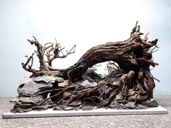 loseup view of an intricately designed aquascape hardscape. the centerpiece is a large, curving piece of driftwood forming an arch, with smaller branches and smaller driftwood pieces creating a forestlike effect within the arch.  the base is composed of grey rocks of varying sizes, and the entire structure is set on a white base.  the driftwood is dark brown, textured, and weathered, creating a natural and rustic aesthetic. the roots and branches extend throughout the composition, adding depth and texture.  it appears to be a meticulously crafted miniature landscape, potentially for an aquarium or terrarium.