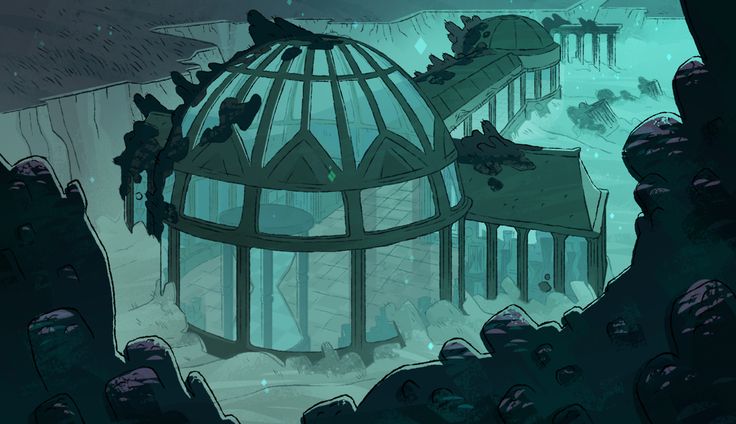 the image depicts a scene of underwater ruins.  the central focus is a large, domed structure, partially submerged and overgrown with what appears to be dark, aquatic vegetation. the dome is made of glass or a similar transparent material, allowing a glimpse of the interior.  the structure is connected to other, more fragmented buildings, suggesting a larger complex that has collapsed or decayed. the overall color palette is a muted teal and dark green, contributing to a mysterious and somewhat somber atmosphere. the scene is set in a deep, dark aquatic environment with rocky formations visible in the foreground and background. the overall style suggests fantasy or postapocalyptic art.