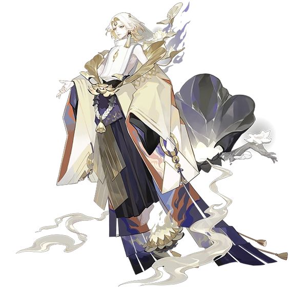 this image depicts a male anime character with white hair, wearing a traditional japanese kimono with golden and silver accents. the character is floating in the air, with wings of white feathers and smokelike appendages surrounding them. the background is a pale white.