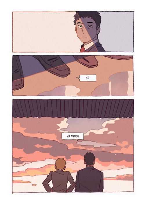 the image is a threepanel comic strip depicting a seemingly emotional farewell or parting between two men.  the first panel shows a man in a suit standing with his back to the viewer. two pairs of shoes are visible, seemingly indicating the man's departure.  a speech bubble appears with the word "no".the second panel shows a view of a sunset sky over the ocean. the speech bubble in this panel displays "not anymore".  the second panel contrasts sharply with the first, implying a shift in circumstance or emotion.the third panel shows two men, presumably the same men as the first, standing side by side, facing a beautiful sunset. they are dressed in business attire, suggesting they might be colleagues or business partners. their posture and the overall atmosphere suggest they may have reached some form of resolution. the art style is clean, with soft pastel colours, creating a peaceful and emotional tone. the comic uses minimal text to convey a powerful emotional narrative.