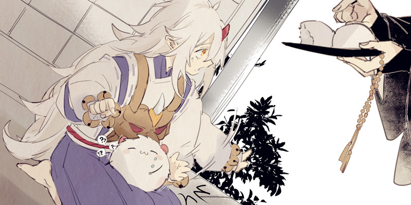 an anime girl with long white hair and animal ears is hugging a fluffy stuffed animal. she has horns and is dressed in a white, brown and purple kimono. she is smiling and looks happy. there is a hand holding a black hat with another stuffed animal.
