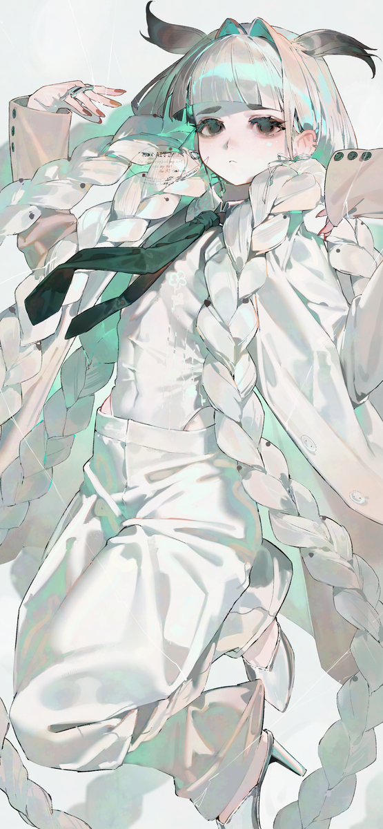 an animestyle illustration of a girl with long, thick braids. she is wearing a white suit with a tie and high heels. she has pale skin, light green hair, and bangs. she is wearing rings and has a sad expression.