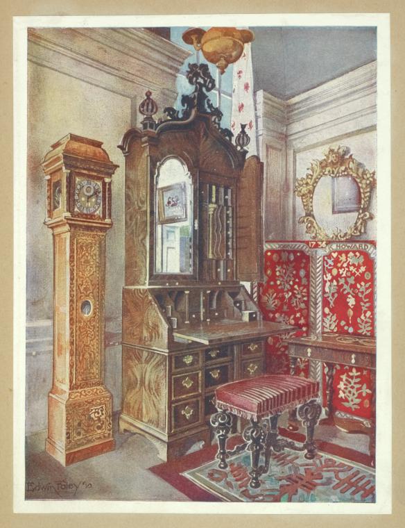 a vintage illustration depicts an ornately furnished room. on the left, a tall, carved wooden grandfather clock stands next to a bureau with an open writing surface. the bureau features a cabinet above with a mirror and compartments. a red upholstered stool with carved legs is placed in front of the bureau. to the right, a table with a decorative red cloth is situated next to an oval mirror hanging on the wall. a patterned rug lies on the floor. a hanging lamp is visible in the upper portion of the image. the illustration is signed "edwin foley '14" in the lower left corner.