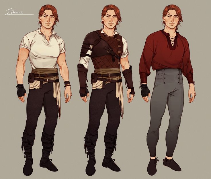 this is a character design of a male character in three different outfits. the character is shown from the waist up and is facing the viewer. he has red hair and brown eyes. he is wearing a white shirt, brown pants, and brown boots. he is also wearing a leather armor with a belt and a sword. the character is holding a sword in his right hand. in the next outfit, the character is wearing a white shirt with a leather armor and black pants. the last one is wearing a red shirt with black pants and black shoes.