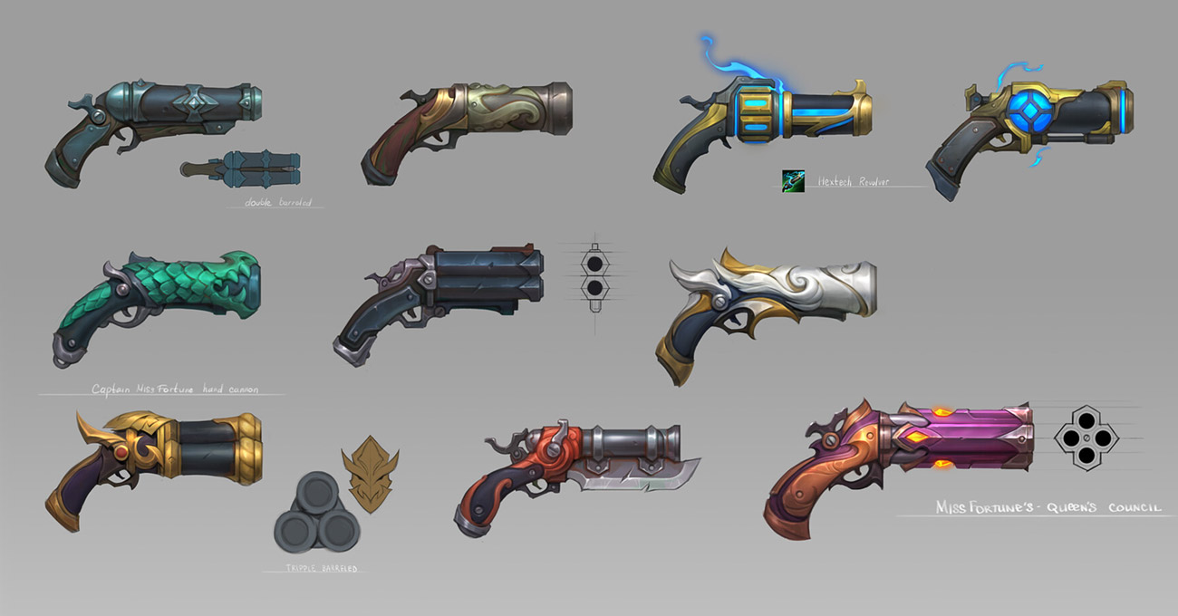 an image of 8 different guns from the popular video game, league of legends. the image features guns from the champion, miss fortune, and are named: double barreled, captain miss fortune hand cannon, triple barreled, hextech rewdver, and miss fortune's  queen's council.