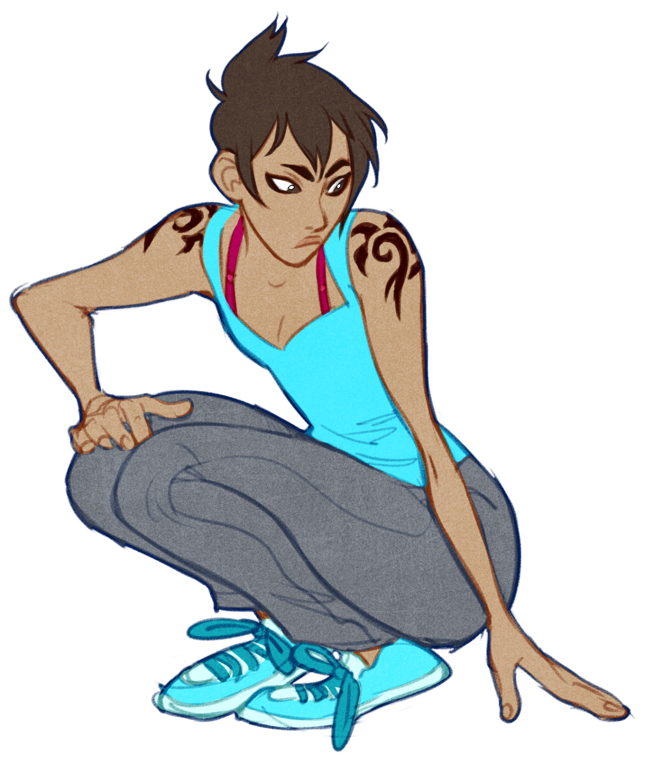 the image showcases a young woman with short, spiky brown hair styled in an undercut. she has tan skin and dark eyes. she is crouching low to the ground with her right hand resting on her knee and her left hand extended out to the ground.  she is wearing a teal tank top,  gray sweatpants,  and teal running shoes.   her outfit reveals tribal tattoos on both of her shoulders.  the art style appears to be a digital sketch with visible line work and color blocking,  giving it a dynamic and expressive feel.