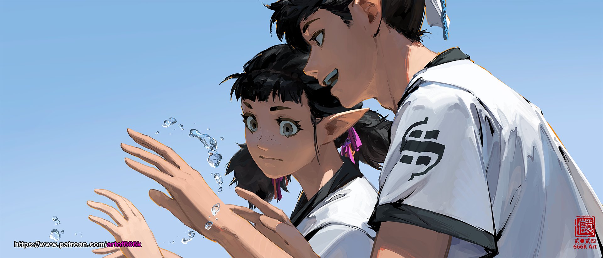he image is a digital painting of two young animestyle characters. one appears to be a female elf with dark hair, freckles, and pointed ears, while the other seems to be a male character with short dark hair. they are close together, and the female elf is playfully splashing water. the background is a clear, bright blue sky. the art style is detailed and expressive, emphasizing emotion and character. the scene is cheerful and lighthearted. there's a logo or watermark suggesting the artist's name, 666k art, and a patreon link in the bottom left corner.