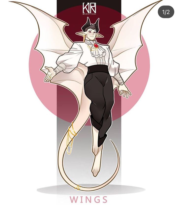 this is a digital illustration of a demonic character with horns and a tail, he is wearing a white shirt and black pants and a golden necklace with a red gem. he has white wings and is standing in a pink circle. the image is labeled with the text "wings" and "1/2" indicating that there may be more to the design.
