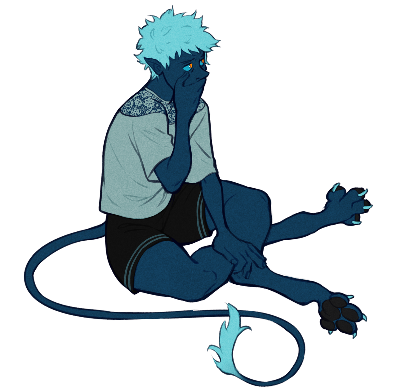 a bluefurred, anthropomorphic creature with a long, prehensile tail is sitting on the ground, their knees drawn up and their left hand resting on their mouth in a contemplative pose. they have bright yellow eyes and short, spiky blue hair. they are wearing a white, shortsleeved shirt with a decorative neckline, dark blue shorts, and no shoes.  their expression is pensive and slightly sad. the background is plain white.