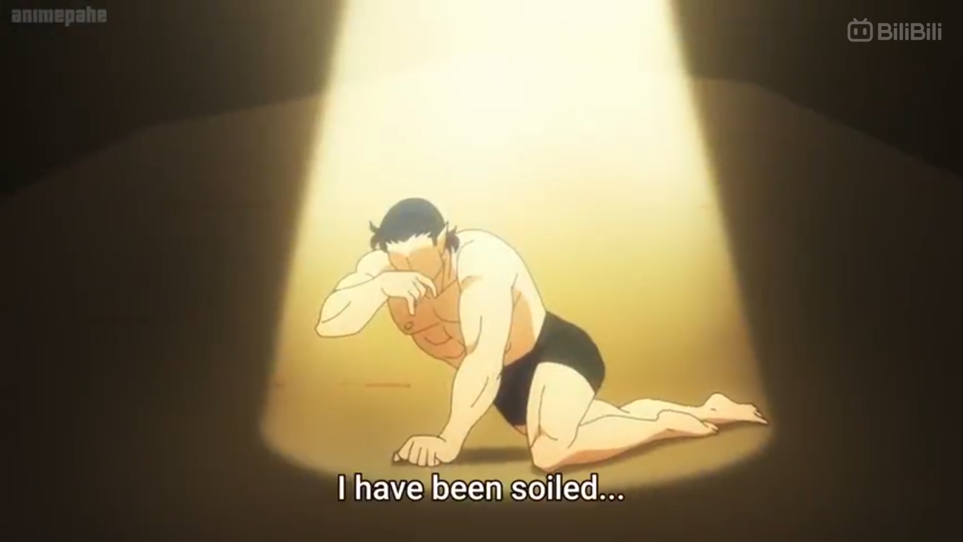 a muscular man in his underwear is on all fours in a spotlight, dejected and ashamed.  the background is dark, and the text "i have been soiled..." is below him.  there is japanese and english text in the upper corners of the image.