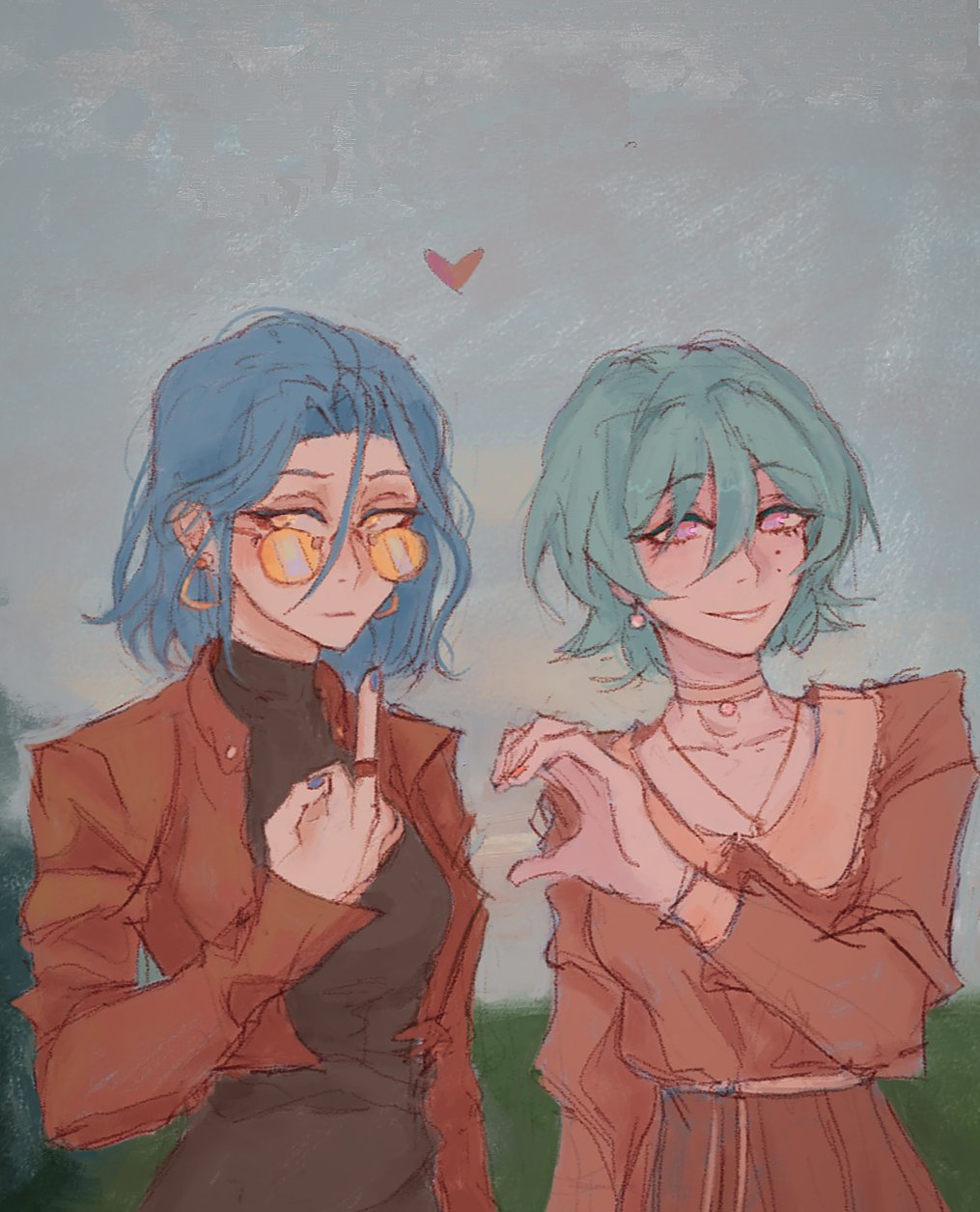 the image is a digital painting or illustration featuring two animestyle girls.  one girl has short, bright blue hair and is wearing round yelloworange glasses, an orange jacket, and a dark top.  the other girl has short, mintgreen hair and is wearing a peachcolored dress. both girls have a soft, pastel color scheme applied to their clothing and hair. they are standing close together, and one girl makes a heart shape with her hands, while the other makes a hand gesture that could be interpreted as a playful or slightly sassy signal.  the background is a muted light blue, giving a dreamy or hazy atmosphere. a small heart shape is floating between the girls' heads, further suggesting a loving or friendly connection between them. the overall style is soft, cute, and aesthetically pleasing.