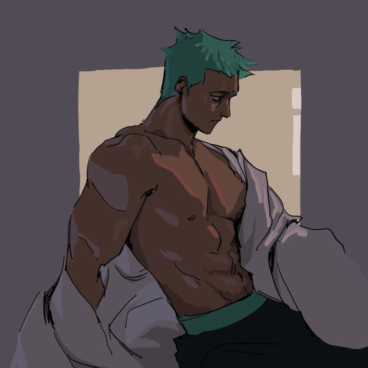 the image is a digital drawing or painting of a muscular animestyle man with bright green spiky hair. he is shirtless, showing off his welldefined abs and torso, and is partially draped in a lightcolored robe. the man's skin is darktoned, and his expression is pensive or thoughtful, looking down. the art style is loose and sketchy, with visible brushstrokes, giving it a relaxed and casual feel. the background is a muted grayishpurple with a lighter beige rectangle behind the figure, providing contrast and framing. the overall mood is calm and slightly melancholic.