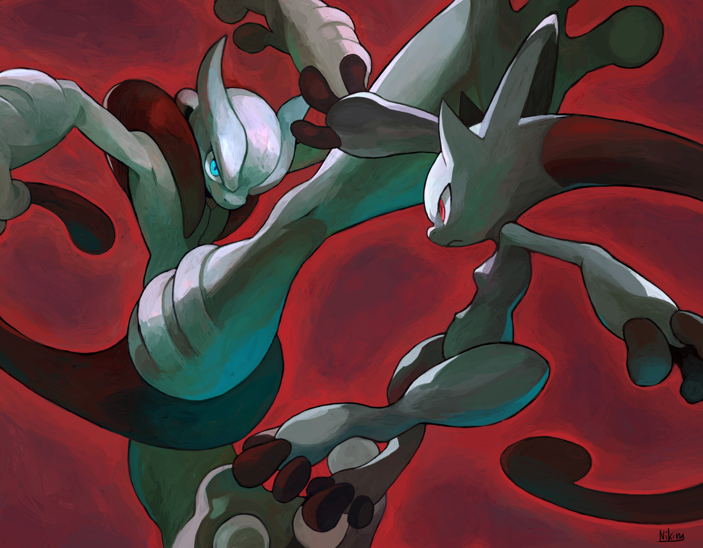 this is a digital illustration of two pokemon, mewtwo and mew. they are both legendary and powerful pokemon. mewtwo is a psychic pokemon while mew is a normal type pokemon.  mewtwo appears to be charging a powerful psychic attack with its right hand, its body is in a dynamic and powerful pose.  mew has its mouth open and is facing the viewer.   the background is a rich red with swirling energy patterns, possibly a representation of the powerful psychic energy of mewtwo.