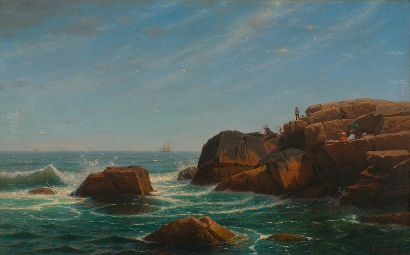 painting of a rocky coastline with crashing waves and a sailboat in the distance. several figures are visible on the rocks. the sky is blue with some clouds.