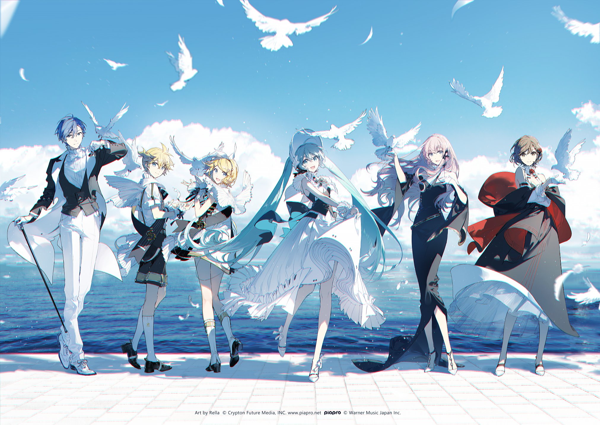 the image features a group of six vocaloid characters standing in a line against a backdrop of the ocean and sky filled with white doves. from left to right, the characters are kaito, len kagamine, rin kagamine, hatsune miku, luka megurine, and meiko. each character is dressed in elegant, fashionable attire. kaito is in a white tuxedo, while len and rin are in similar styled outfits with wings. hatsune miku is wearing a flowing white dress, luka is in a black gown, and meiko is in a black and red dress. all the characters are holding or have birds around them.