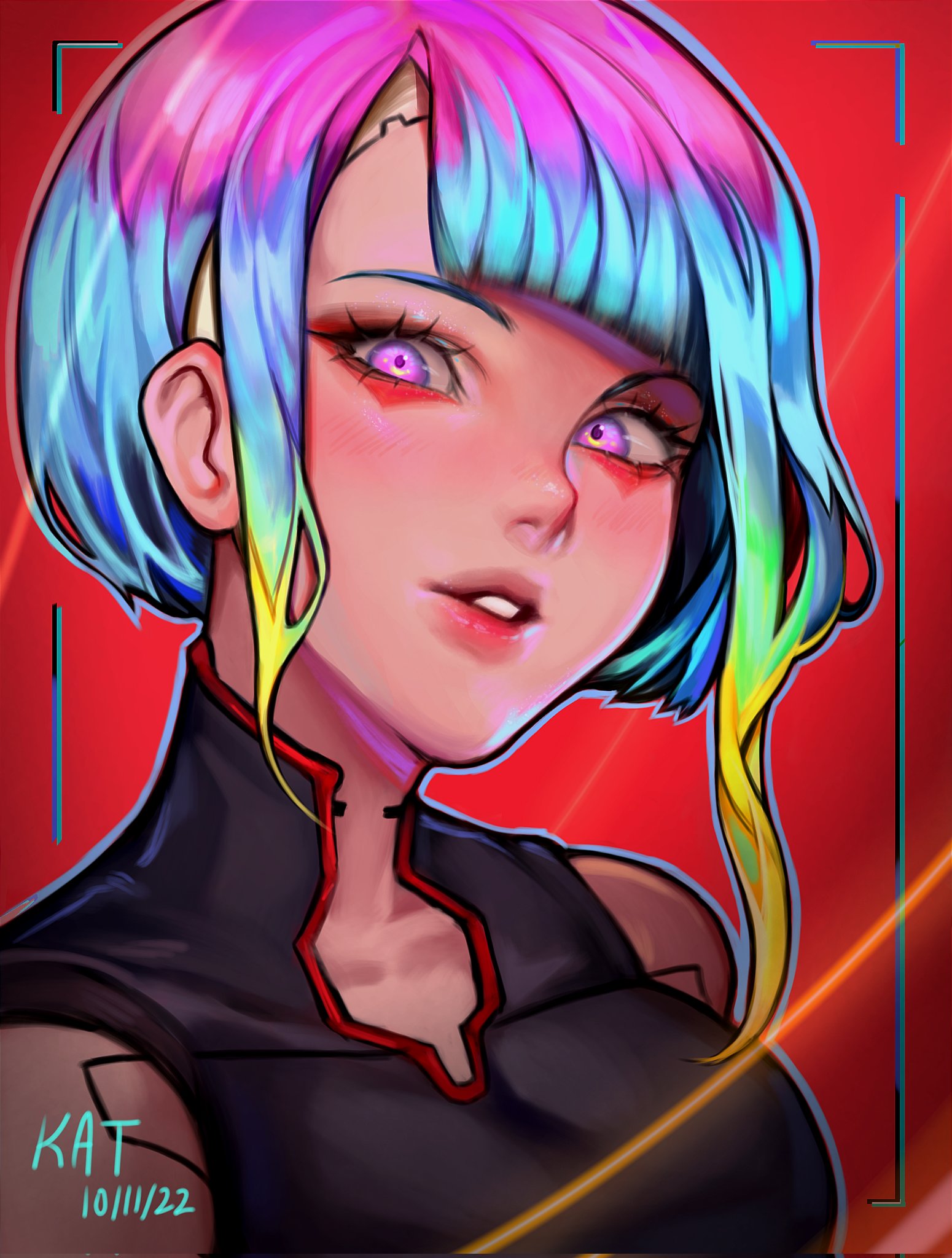 the image is a digital painting or illustration of a young woman, styled in an anime or manga aesthetic. she has vibrant, multicolored short hair with shades of pink, blue, teal and yellow. her hair is styled with blunt bangs that partially cover her forehead. her eyes are a striking purple, and her complexion is subtly flushed. she has a soft expression with slightly parted lips.  she's wearing a darkcolored, possibly black, top with a high, redlined collar.  the background is a bold, solid red with streaks of orange light emanating from the bottom right corner. the artwork has a very glossy and smooth quality to the shading and rendering. the artist's signature "kat" and the date "10/11/22" are visible in the lower left corner.  the overall style blends elements of anime, cyberpunk, and a slightly more westerninfluenced style in the facial features.
