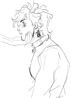 a black and white line drawing of an anime boy with long, messy hair. he is looking to the right, and his face is tilted slightly downward. his eyes are closed, and he has a slight frown on his face. he has a hand on his cheek, and his other hand is resting on his sleeve. he appears to be sad. his outfit has a collar and sleeves. the drawing style is casual and expressive.