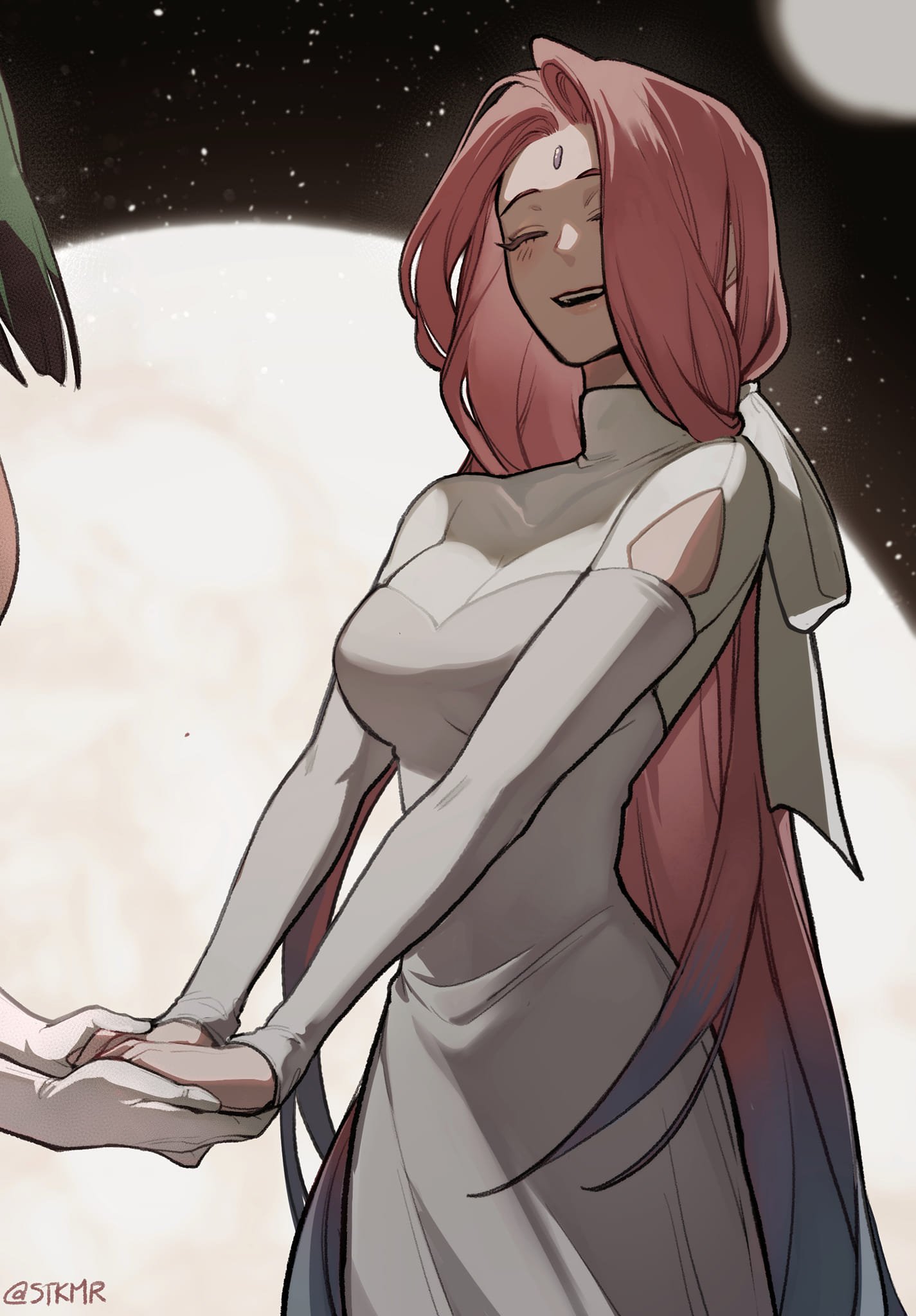 a woman with long pink hair is wearing a white dress and smiling, holding hands with another person. the background is a dark night sky with stars and a moon, giving the impression of romance and love.