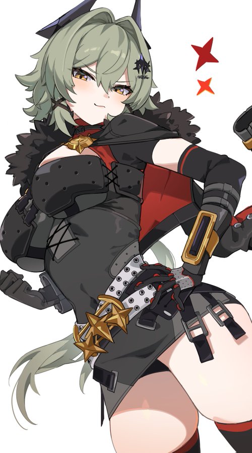 a anime styled woman in black and red clothing with a green hairstyle stands against a white background. she has  a weapon holster on her left thigh and a sword strapped across her waist. she is holding a gun in her left hand. she appears to be a soldier.