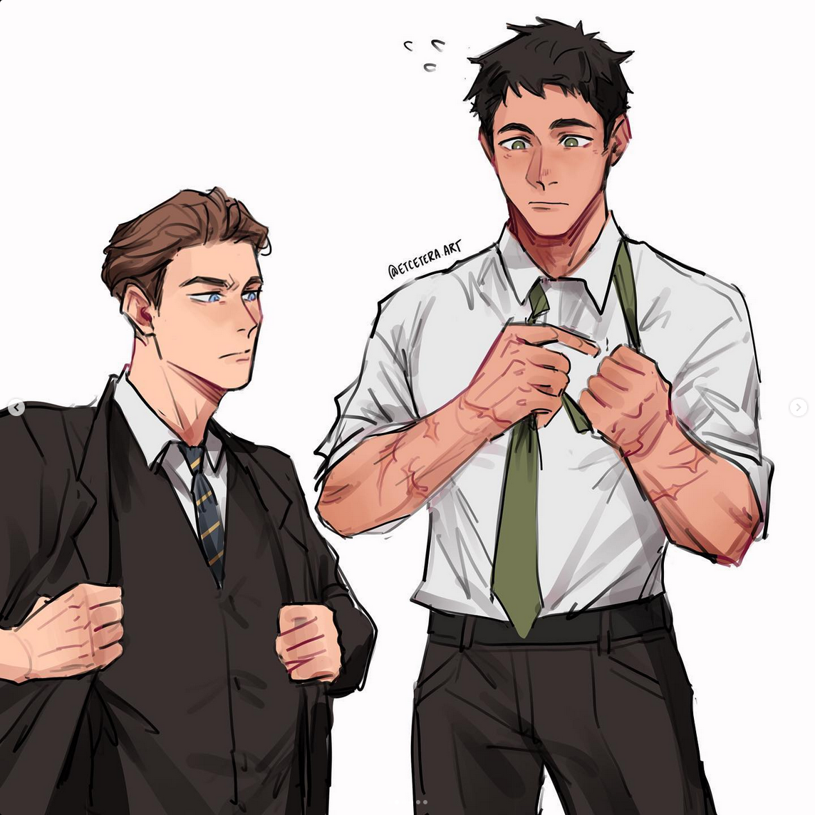 two men in suits are getting ready for work, likely in an office environment. the man on the right is adjusting his tie while looking off to the side. he is wearing a white shirt, dark pants held up by suspenders, and has noticeable scars on his arms. the man on the left is wearing a black suit and is looking at the other man with a somewhat annoyed or unimpressed expression.