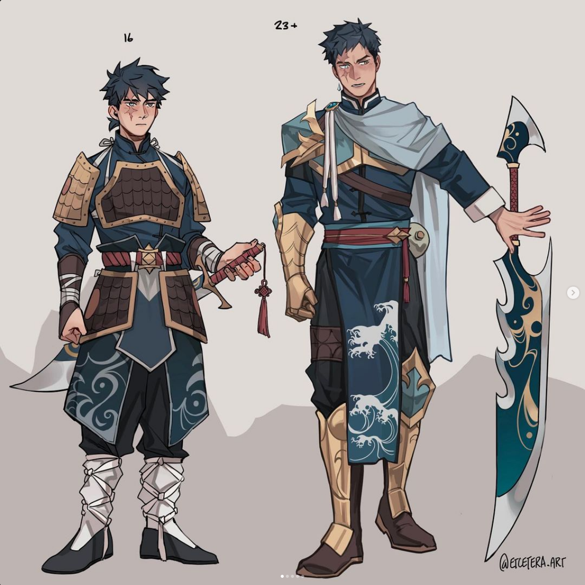 this image shows two character designs of the same original character at different ages. the younger version at age 16 has a more serious expression. he is wearing blue and gold armor with red accents. he is holding a short sword. the older version at age 23+ has a more neutral expression with a scar across his left eye. his hair is also shorter than it was at 16. he is wearing blue and white robes with gold accents. a wave design is visible on his right pant leg and left arm. he is holding a large sword that has a flamelike design.