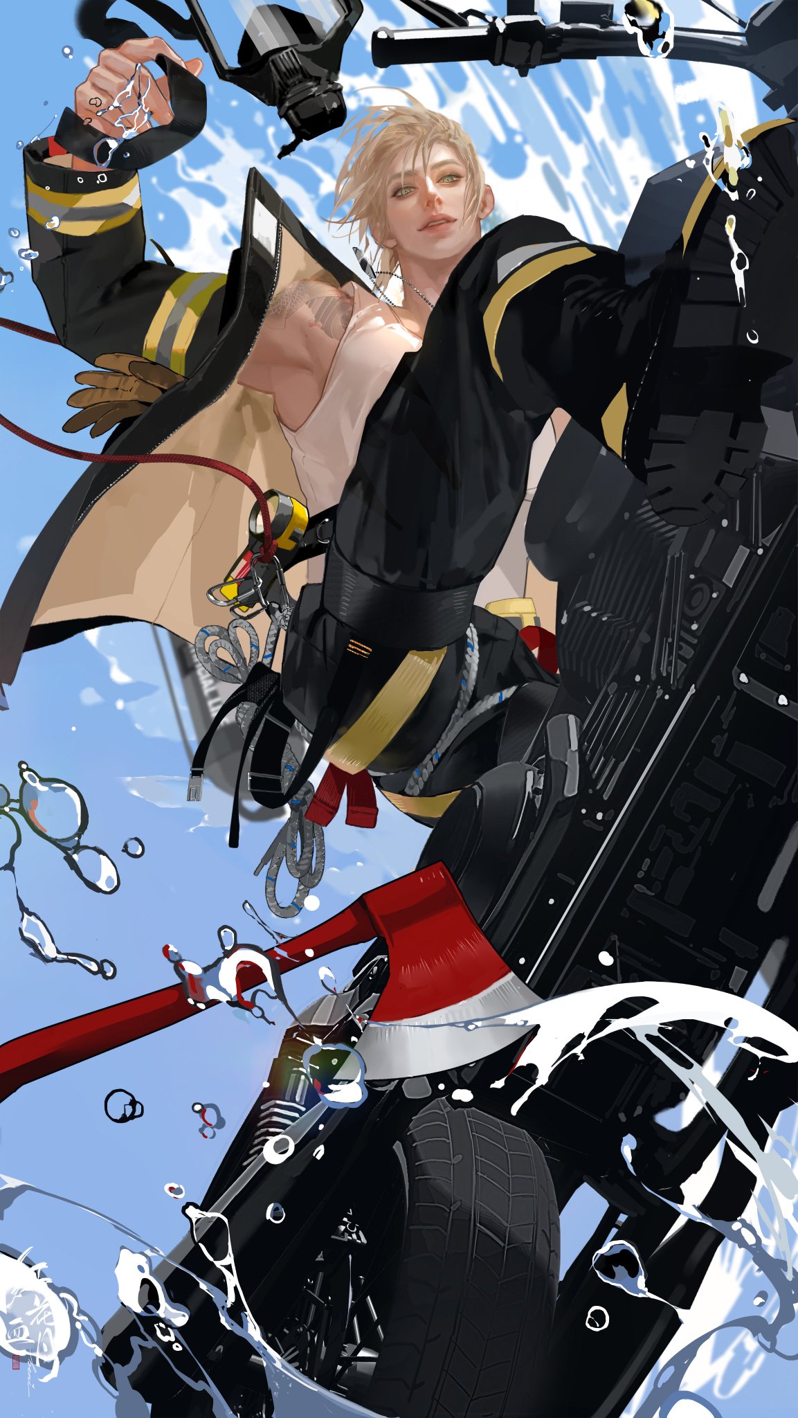 this digital illustration portrays a heroic anime character, a male firefighter, in a dynamic pose. he's positioned on a motorcycle, possibly a fire engine, as he swings an axe amidst a spray of water. his attire, a fireresistant suit, indicates his occupation, and the actionpacked scene suggests he's in the midst of a daring rescue or battling a blaze. the vibrant colors, dynamic lines, and energetic composition create a visually stunning and captivating image.