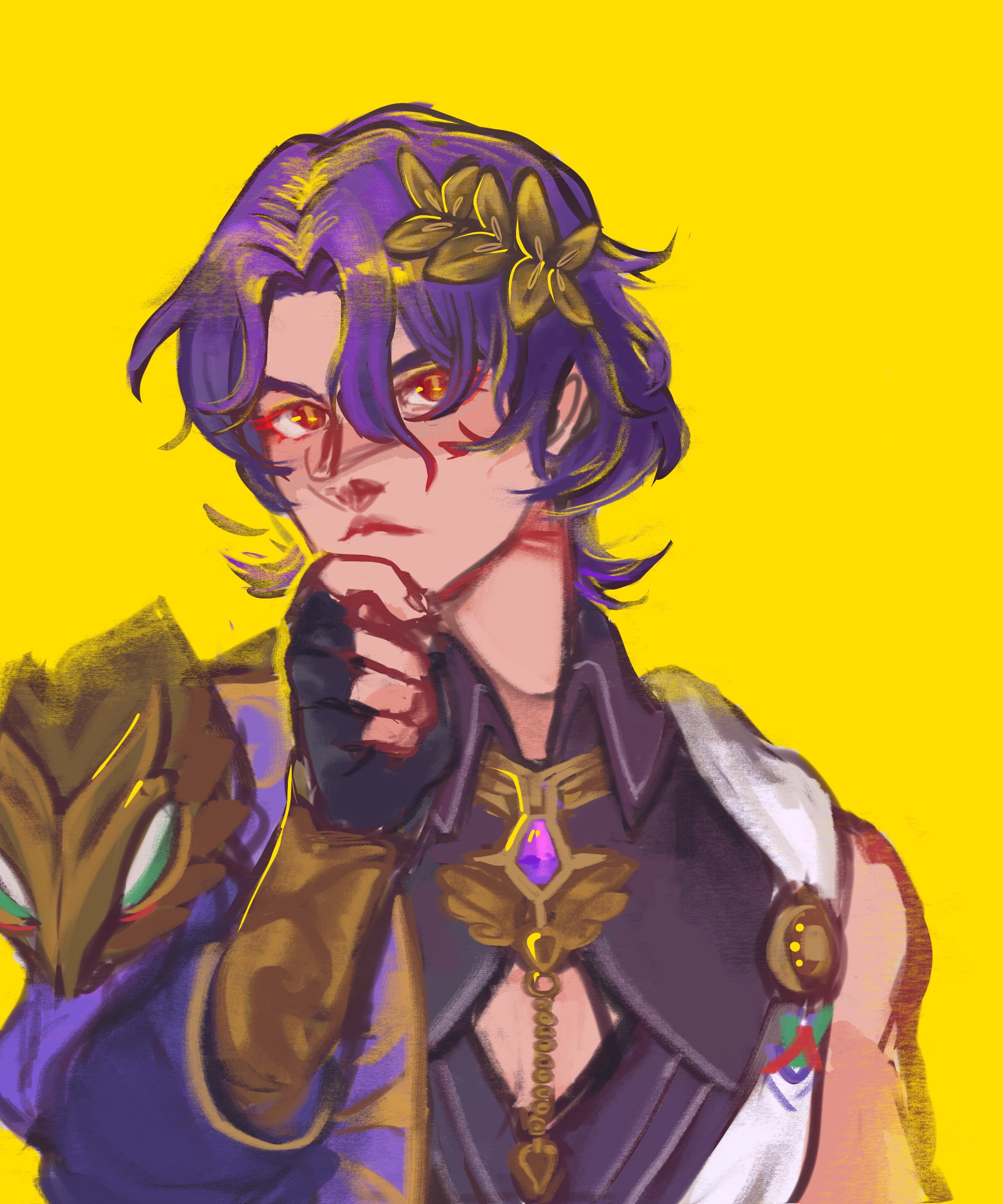 a digital painting of an anime character with purple hair and a flower crown on a yellow background. the character is wearing a purple jacket, a black glove, and a gold necklace. the character has yellow eyes.