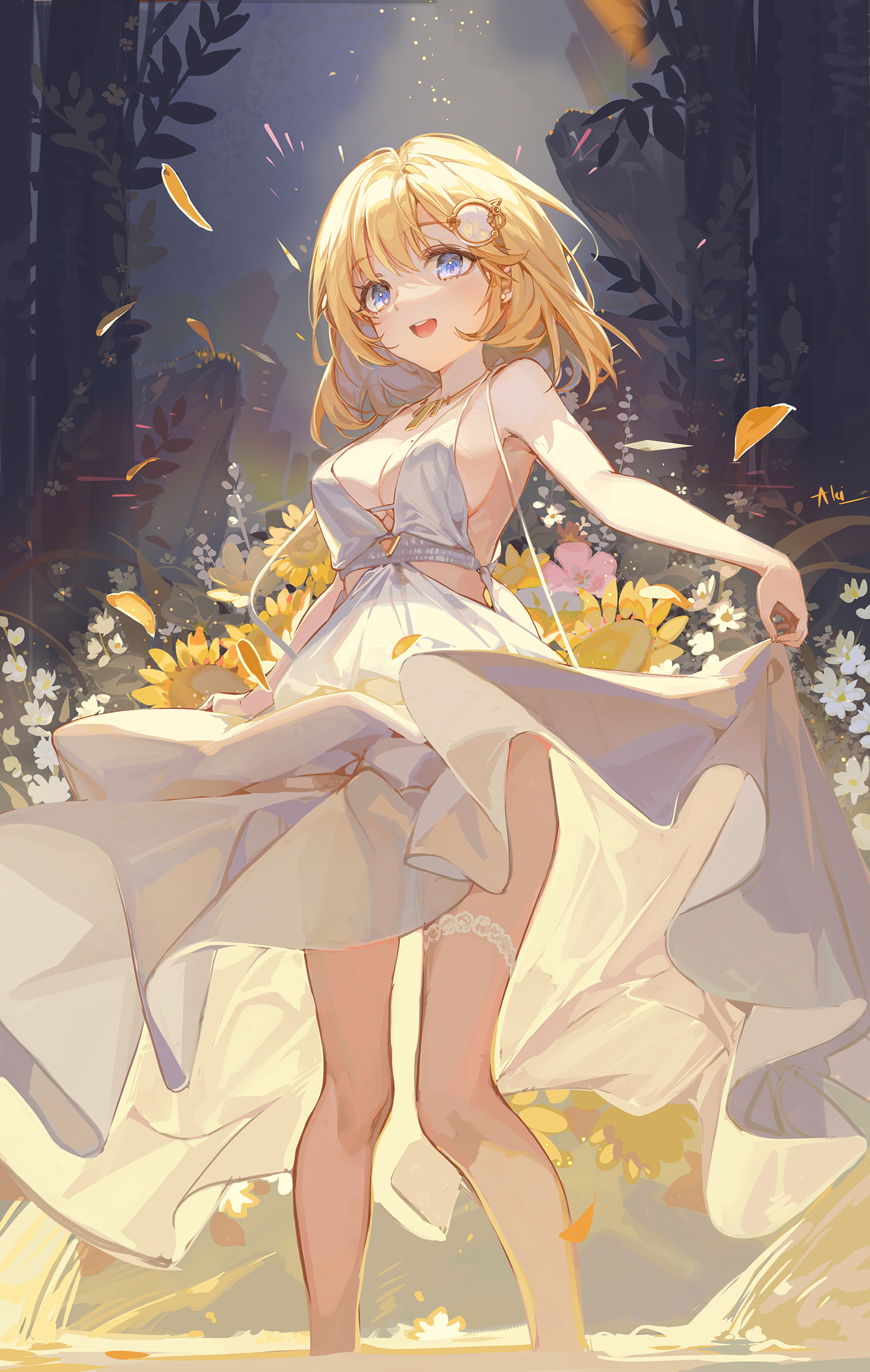 the image is a digital painting of a young anime girl with blonde hair and blue eyes. she is wearing a light yellow summer dress that flows around her as she seems to be playfully dancing or twirling in a sunlit garden filled with sunflowers and other flowers. the overall style is whimsical and elegant, with pastel colors and a soft light source creating a dreamy atmosphere. the girl's expression is one of happiness and carefree joy. the artist's skill is evident in the detail of the dress, the hair, and the soft shading used to create depth and volume.