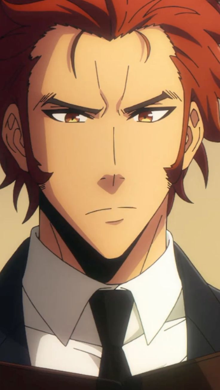 a closeup shot of an anime character with red hair and brown eyes wearing a suit and tie. he has a serious expression on his face. the background is out of focus and blurred.
