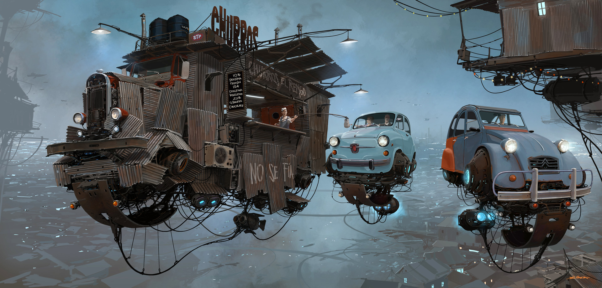 this is a digital art piece that appears to depict a futuristic or dystopian society where vehicles are outfitted with technology that allows them to fly. there is a food truck in the center, with a classic car to each side. in the background, you can see a city, but many of the buildings seem to be dilapidated and appear to be barely standing. the color palette is muted, with a lot of blues, grays, and browns, giving the image a somewhat bleak and gritty feel.