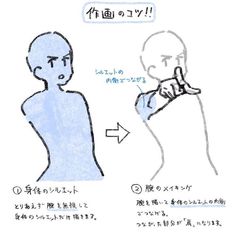 the image depicts a drawing tutorial focusing on character illustration techniques. it presents two stages of drawing a pointing pose:1. silhouette focus:  a light blue figure emphasizes drawing a dynamic overall body silhouette first, disregarding internal details. 2. torso detail: a more refined figure demonstrates how to add the stomach and chest details, suggesting clothing folds and musculature to create depth.japanese text explains each step, emphasizing the importance of a strong silhouette before adding internal details.content: drawing tutorial, character illustration, posing, anatomypeople: implied artist, illustrated figureenvironment: n/alighting: n/aperspective: slight perspective, focused on the figurekw: silhouette, gesture drawing, body language, posing, dynamic pose, anatomy for artists, manga style, how to draw, tutorial, japanese text
