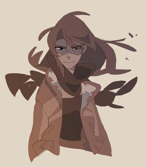 an anime style illustration of a woman wearing a jacket and a scarf with long brown hair blowing in the wind. she is looking forward and has a serious expression on her face.