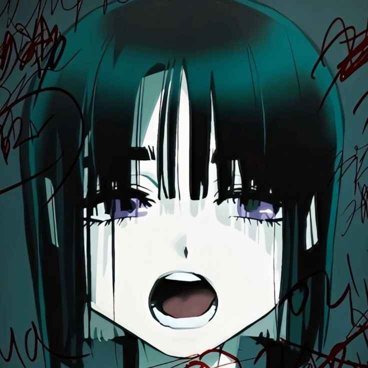 this is a digital illustration of an anime girl with black hair and purple eyes. she is crying and has her mouth open wide. the background is a dark, abstract pattern with a scribbled design.