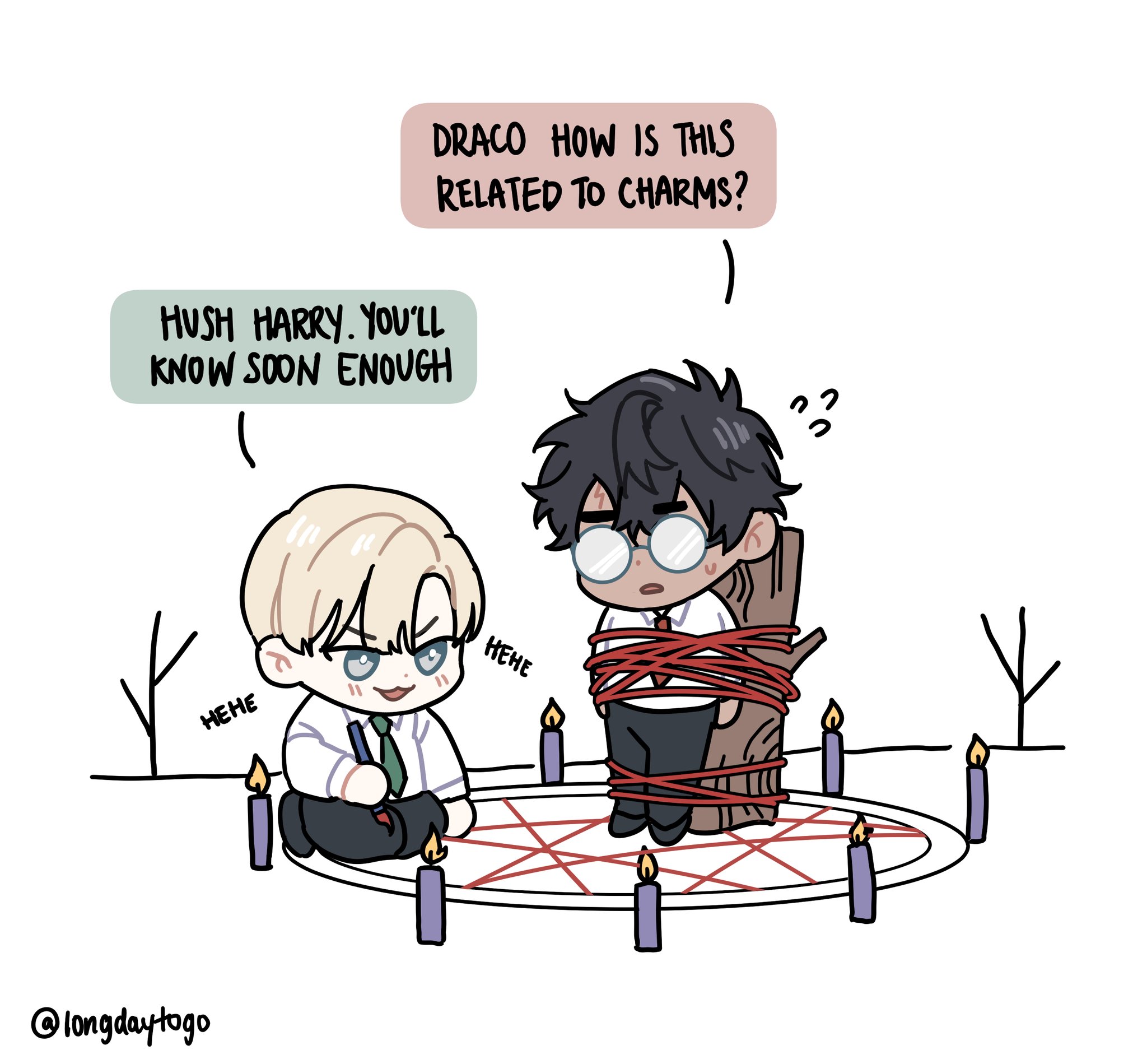 digital drawing in a chibi style depicts a scene from a harry potter fanfiction. draco malfoy is tied to a post within a pentagram. surrounding the pentagram are lit candles.  harry potter is sitting nearby, smiling mischievously, with a pen in his hand. speech bubbles above them indicate their conversation.  draco is questioning the purpose of the ritual while harry is being secretive and teasing, hinting at a revelation soon to come.  the overall style is lighthearted and comedic. the artwork is signed with the artist's name, @longdaytogo.
