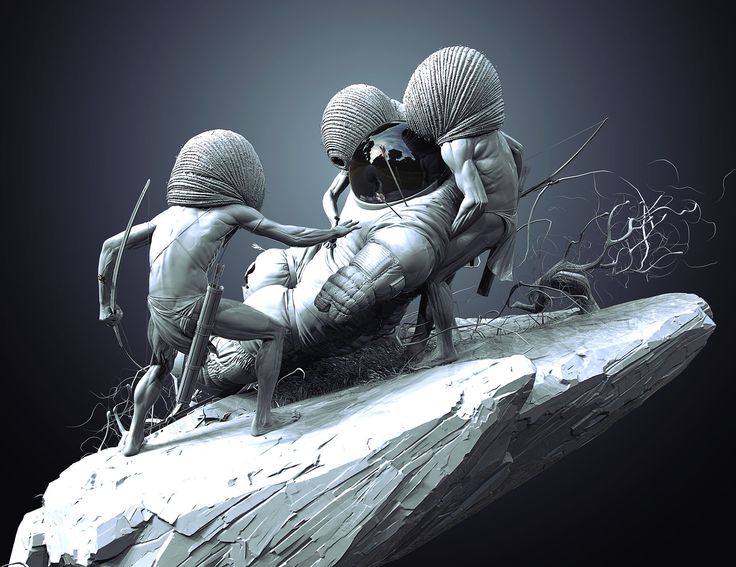 this is a digitally rendered sculpture depicting a tense encounter between three figures with woven head coverings and an astronaut who appears trapped or injured. the figures and the astronaut are positioned on a rocky outcrop against a dark, undefined background. the lighting is dramatic and highcontrast, highlighting the figures and creating a sense of mystery and suspense.