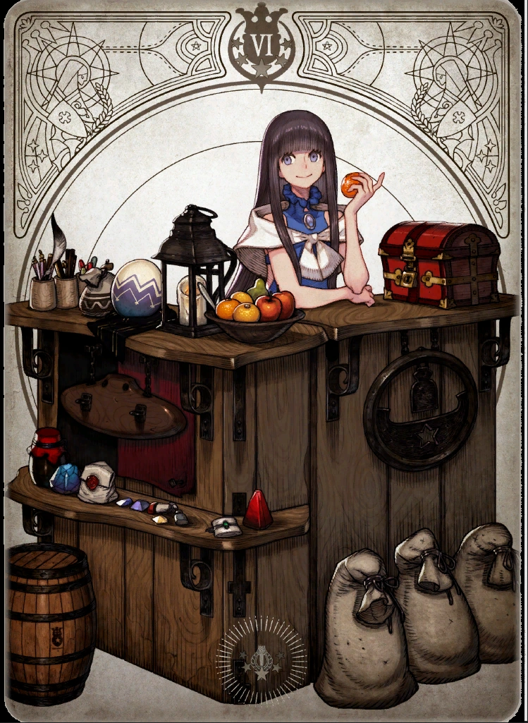 a young woman with long dark hair and blue eyes stands behind a wooden market stall. she wears a white and blue dress and smiles gently while holding an orange. her stall is filled with various goods, including a treasure chest, lantern, fruits, painting supplies, bags of goods, a barrel, and colorful gems displayed on the lower shelves. the scene is warmly lit, suggesting an inviting and cozy atmosphere within the shop.  the image has a slightly low perspective, placing the viewer at eye level with the counter. the overall style suggests a fantasy setting, perhaps inspired by medieval markets and rpg games.