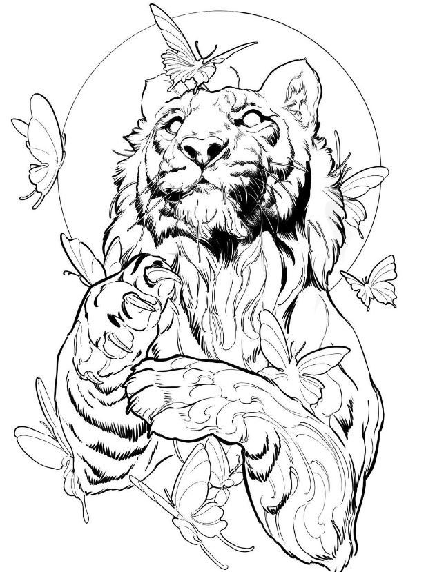 a detailed line art illustration of a tiger, with its head tilted up and its eyes closed. the tiger is surrounded by butterflies, some of which are flying around it and others which are perched on its body. the tiger is drawn with great detail, and the butterflies are also very intricate. the illustration is set against a background of a moon.
