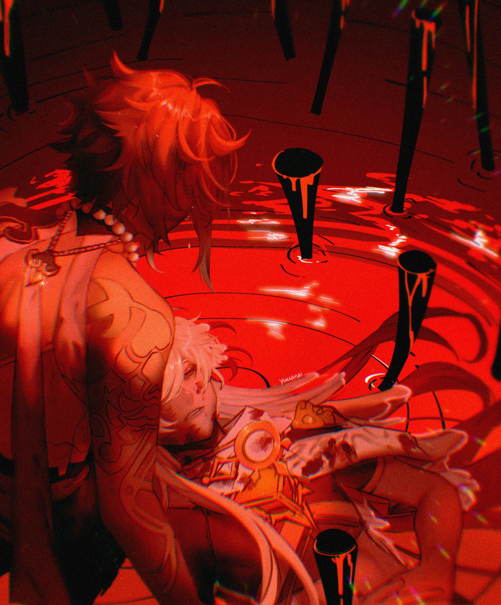 this image depicts a sad scene of two anime characters in a pool of blood. one character is shown with red hair, and the other is shown with white hair. the redhaired character is leaning over the whitehaired character, who is lying on their back, seemingly dead. the image is dark and dramatic, with the bloodred pool providing a stark contrast to the characters' expressions. there is a sense of despair and loss in the image, as the redhaired character mourns the loss of the whitehaired character. this image could represent a story of betrayal, sacrifice, or the loss of a loved one. the emotions shown in the characters' expressions, combined with the bloodred pool, suggest a powerful, sad, and dramatic scene.