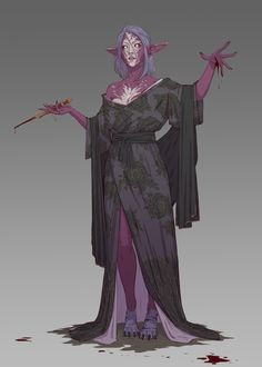 a tall, slender drow elf stands with a bloody dagger in one hand. they are dressed in a flowing robe with floral patterns, and their expression is cold and calculating.  their skin is a light purple, their hair is long and white, and their eyes are black. the background is a neutral gray.