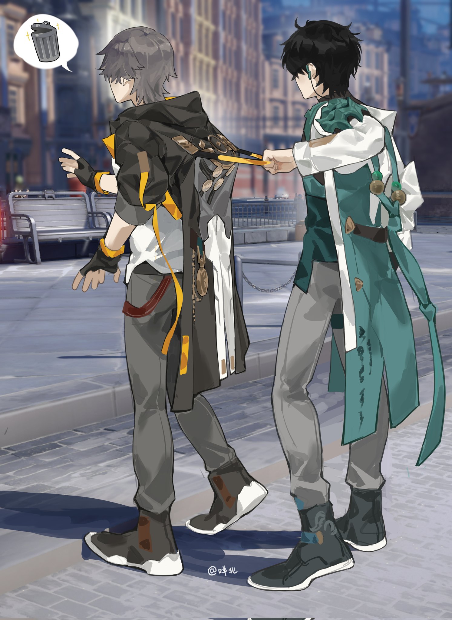 this is a digital drawing of two anime characters. the characters are both male, and they are dressed in casual clothing. the character on the left is wearing a black jacket with yellow accents, and the character on the right is wearing a green coat with white accents. both characters are wearing black shoes. they appear to be talking and walking down a city street, with buildings in the background. the character on the right is holding a black object, which may be a discarded item from a nearby trash can.