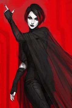 a woman with pale skin, short black hair, and dark makeup stands against a vibrant red background. she wears a black, flowing cape draped over a formfitting outfit, hinting at a strong and powerful persona. her left arm is raised, middle finger extended in a defiant gesture. the lighting is dramatic, highlighting her figure against the intense red backdrop, emphasizing a sense of confidence and power.
