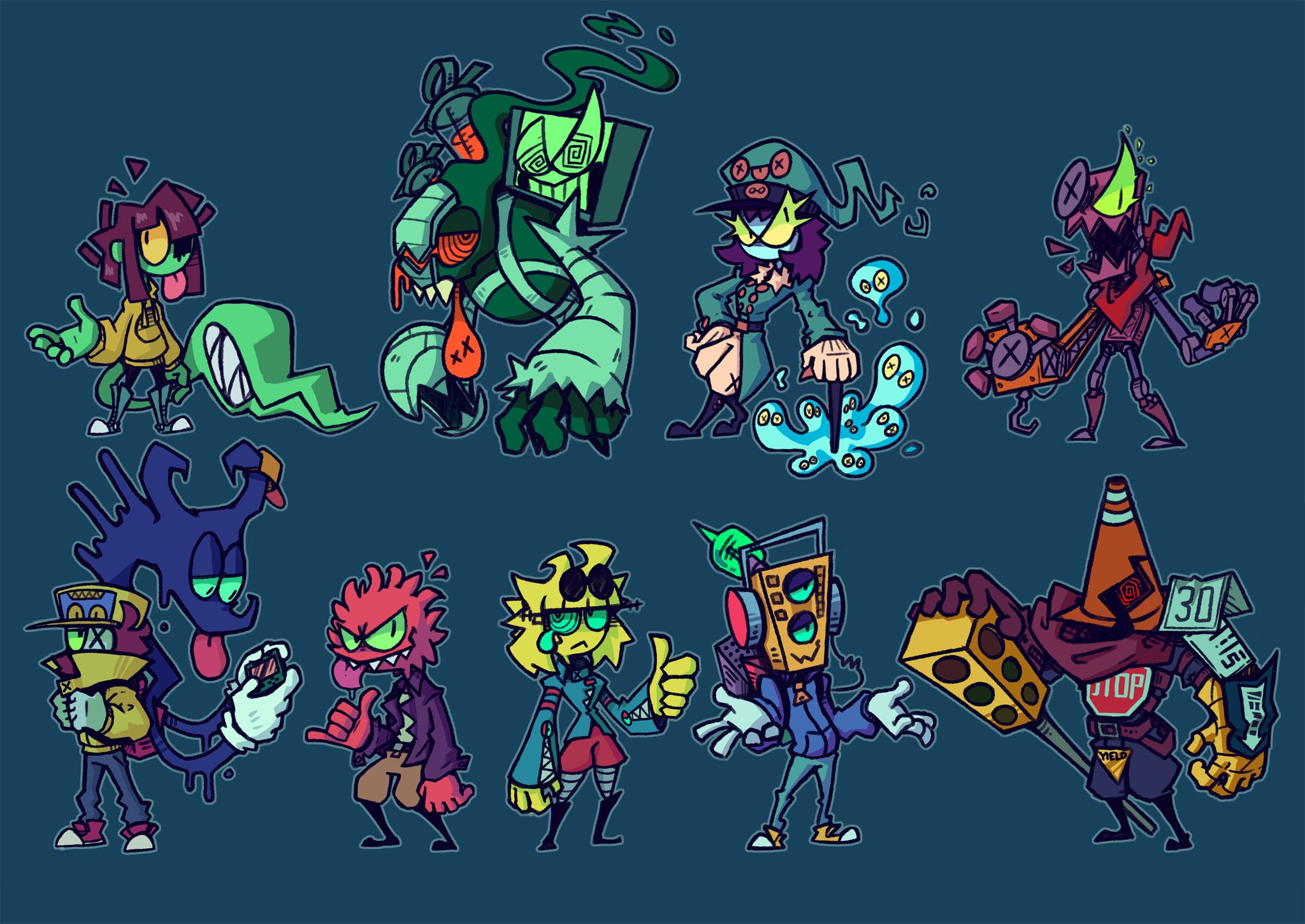 this is a character design sheet with eight different monster characters lined up in two rows. they appear to have a theme of machinery and goo.