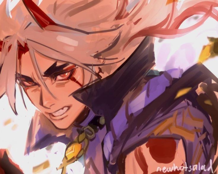 the image is a vibrant digital painting or fanart depicting a character that strongly resembles scaramouche from the video game genshin impact. the style is anime/manga inspired, with loose, expressive brushstrokes.  the character is closeup, exhibiting an intense, angry expression with a fierce gaze.  they have long, flowing hair that's primarily white with streaks of red,  small red horns, and a visible scar or injury on their cheek. the character wears dark purple clothing with gold accents. the background is blurred and features warm colors suggesting a dynamic or actionpacked scene. the artist's signature, "newhotsalad," is visible in the bottom right corner.