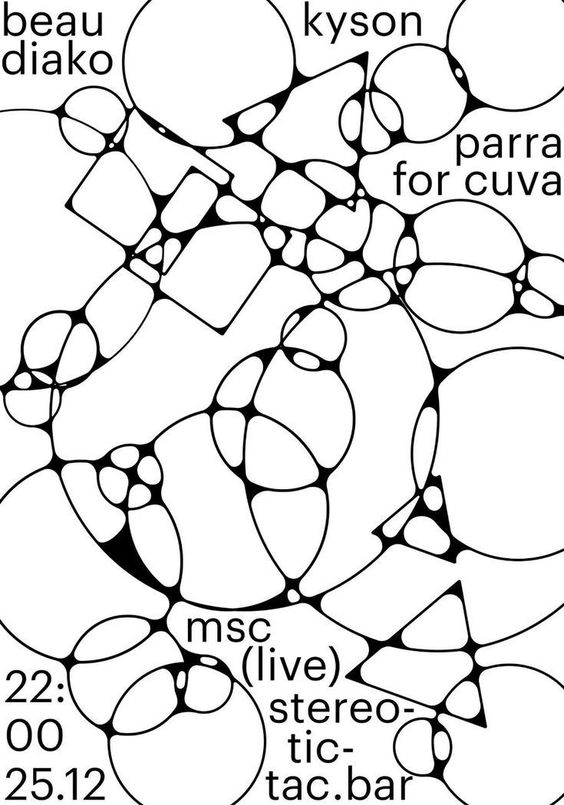 a black and white flyer with an abstract design of interconnected organic shapes. the flyer advertises a musical event featuring beau diako, kyson, and parra for cuva. the event will take place at stereo tictac.bar on december 25th at 10 pm.